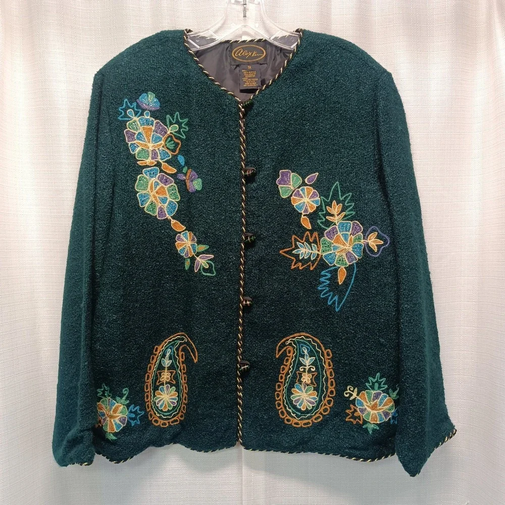 Alex Kin Women 1X Green Embroidered Paisley Floral Boucle Jacket NWT Vtg 90s